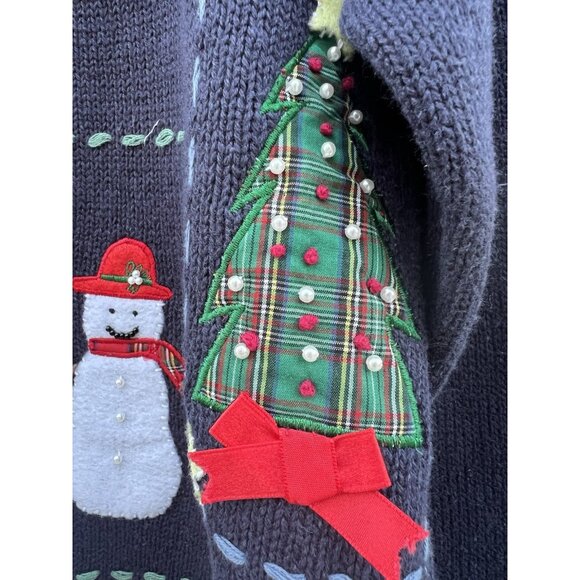 Vintage 80s Northern Treasures blue embroidered Christmas Holiday cardigan M - Picture 3 of 14